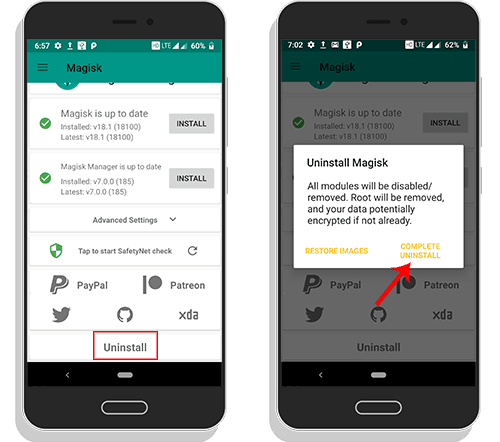 uninstall magisk root completely